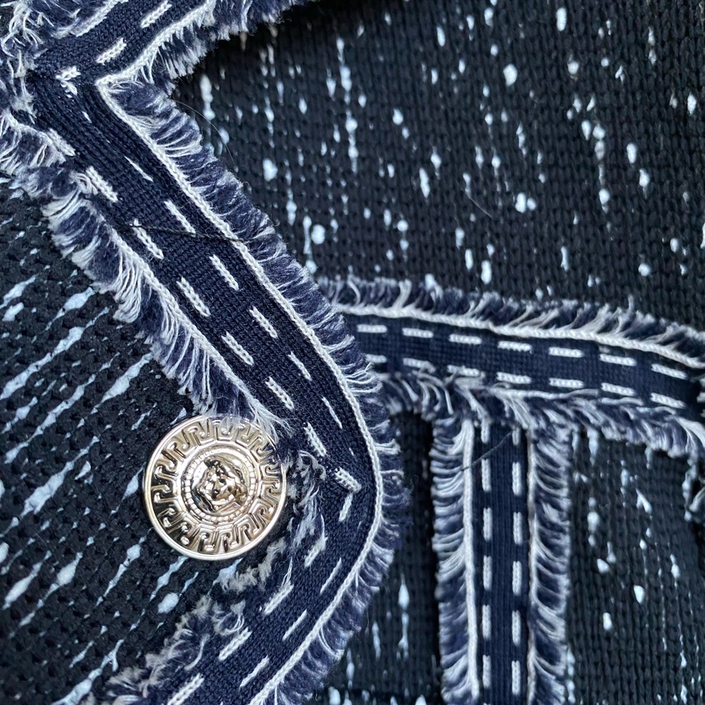 Authentic Versace cropped boucle tweed navy blue moto trucker denim jacket s m - Picture 11 of 13